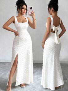 Elenzga New Arrival Square Neck Sleeveless Textured Knit Dress With Open Back Bowknot Design, Elegant Fitted Party Dress - Apricot - View 3