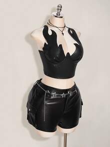SHEIN ICON Women's Sexy Design PU Material Cropped Camisole Top Halloween New Year Club Going Out Night Out Black Summer - Black - View 5