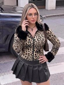 SHEIN ICON Plus Size Women's Leopard Print Fleece Patchwork Casual Everyday Long Sleeve Top Winter - Multicolor - View 2