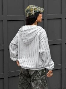 Coolane Women's Fall/Winter Streetwear Casual Sport Going Out Vintage Daily Wear Preppy Graphics Striped Grey Oversized Long Sleeve Hooded Sweatshirt - Grey - View 6