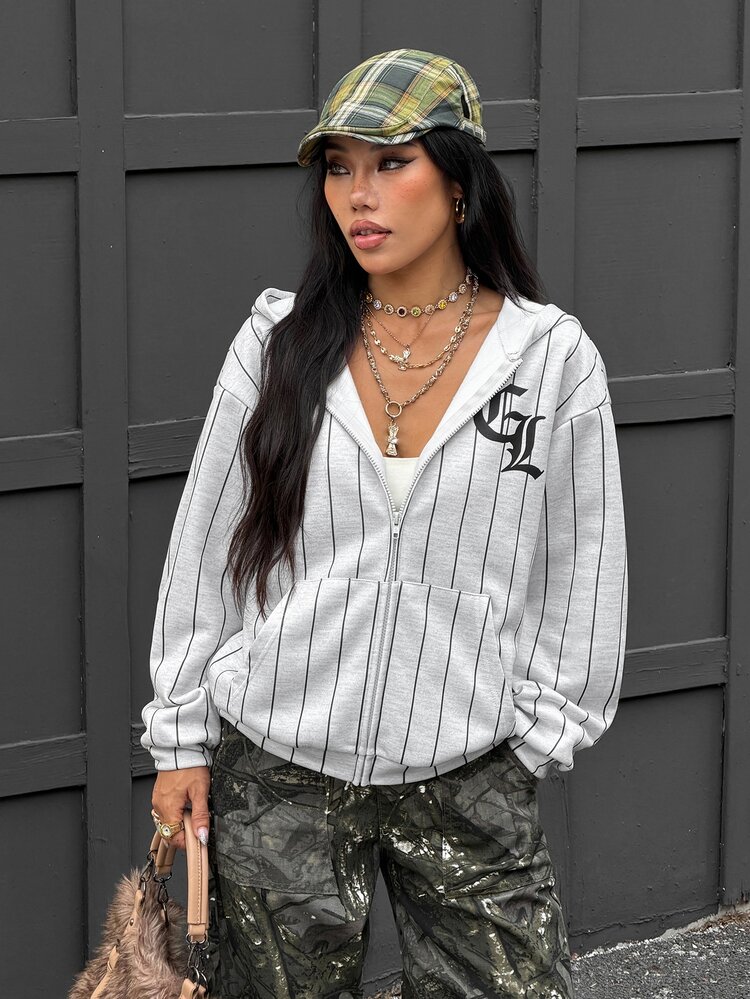 Coolane Women's Fall/Winter Streetwear Casual Sport Going Out Vintage Daily Wear Preppy Graphics Striped Grey Oversized Long Sleeve Hooded Sweatshirt - Grey - View 4