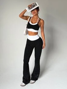 Dewbera Dewbera Seamless Knit Women's Black And White Polka Dot Sports Set Gym Fall Sporty Athleisure - Black - View 3