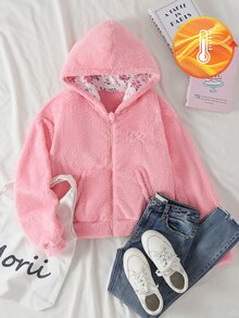 Teen Girl Bow Embroidery Pattern Casual Daily Wear Hooded Jacket - Pink - View 3