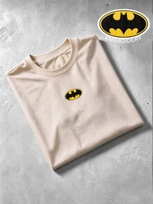 BATMAN X SHEIN Manfinity Roghcode 男士圓領休閒百搭日常穿著短袖T恤 - 卡其色 - 查看 7