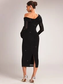MaterniChic Maternity Solid Color Asymmetrical Shoulder Long Sleeve Glitter Fitted Elegant Dress - Black - View 8