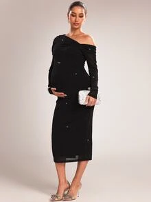 MaterniChic Maternity Solid Color Asymmetrical Shoulder Long Sleeve Glitter Fitted Elegant Dress - Black - View 5