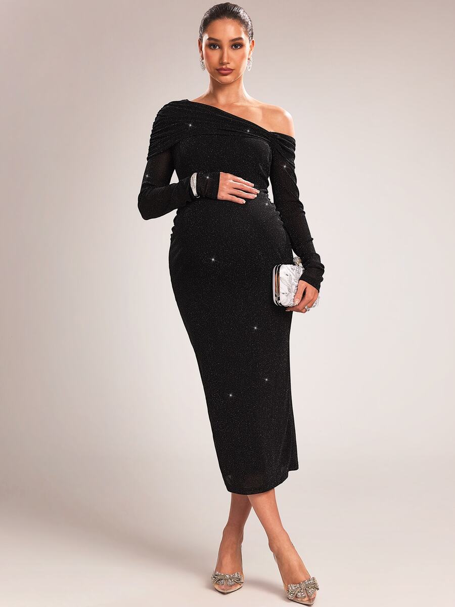 MaterniChic Maternity Solid Color Asymmetrical Shoulder Long Sleeve Glitter Fitted Elegant Dress - Black - View 1