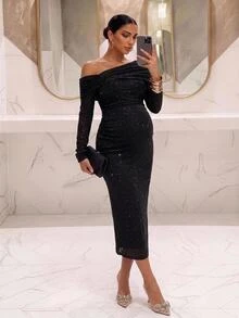 MaterniChic Maternity Solid Color Asymmetrical Shoulder Long Sleeve Glitter Fitted Elegant Dress - Black - View 2