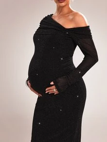 MaterniChic Maternity Solid Color Asymmetrical Shoulder Long Sleeve Glitter Fitted Elegant Dress - Black - View 6