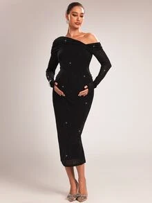 MaterniChic Maternity Solid Color Asymmetrical Shoulder Long Sleeve Glitter Fitted Elegant Dress - Black - View 3