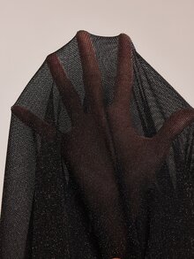 MaterniChic Maternity Solid Color Asymmetrical Shoulder Long Sleeve Glitter Fitted Elegant Dress - Black - View 7