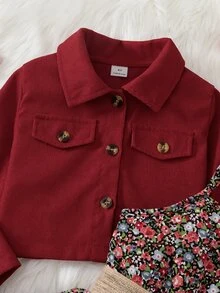 SHEIN 女童燈芯絨夾克與碎花細肩帶洋裝 2 件套，上衣：翻領燈芯絨短款長袖夾克；內搭：碎花細肩帶洋裝 - 紅色 - 查看 5