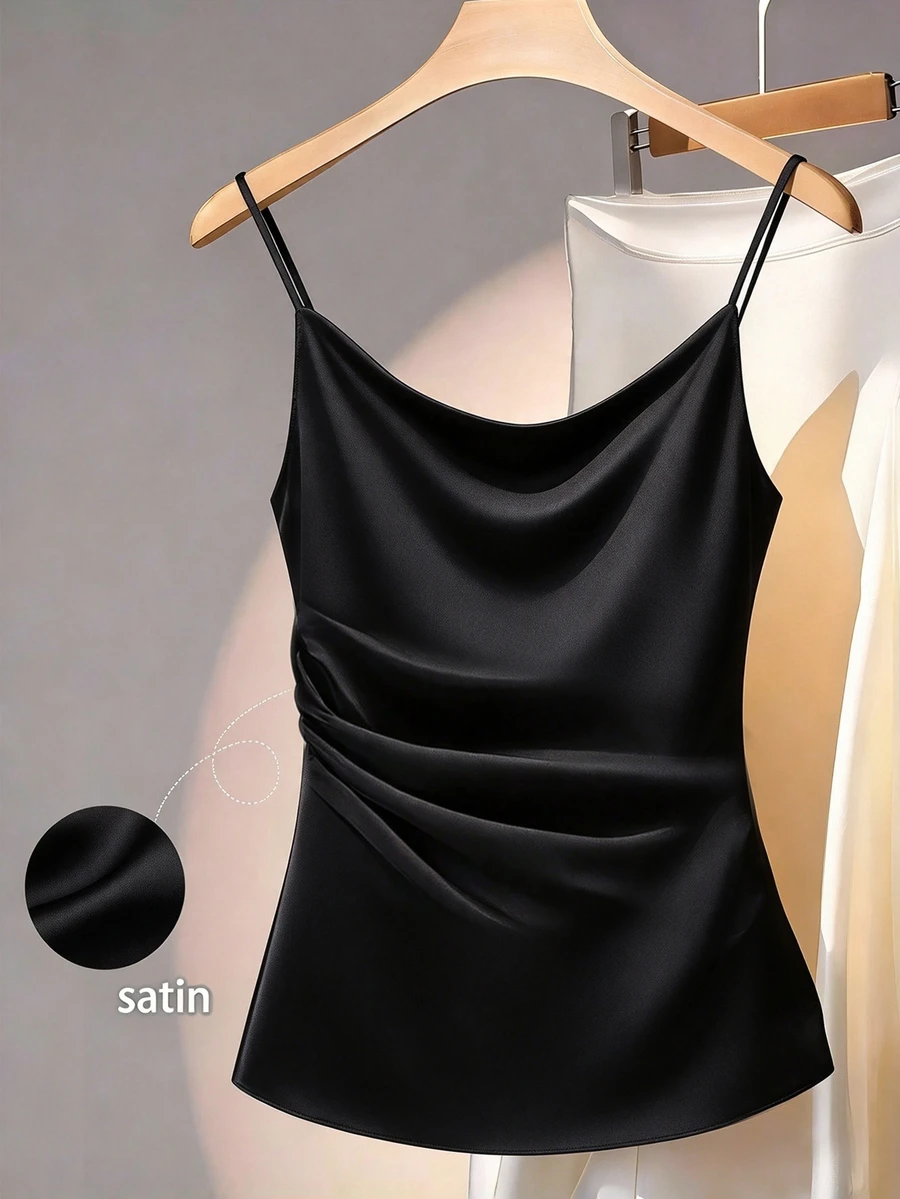 Franclia Women Black Plain Casual Regular Length Ruched Spaghetti Strap Cami Top Silk Top Satin Tops - Black - View 1