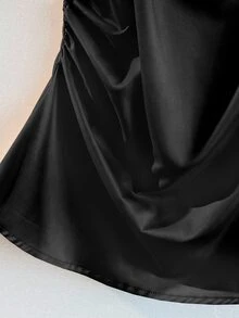 Franclia Women Black Plain Casual Regular Length Ruched Spaghetti Strap Cami Top Silk Top Satin Tops - Black - View 6