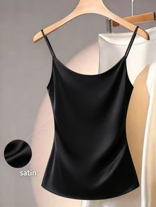 Franclia Women Black Plain Casual Regular Length Ruched Spaghetti Strap Cami Top Silk Top Satin Tops - Black - View 2
