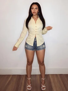 Slaydiva Y2K Street Hot Girl Women Side Ruched Waist Pointed Split Hem Lapel Slim Long Sleeve Shirt - Light Yellow - View 7