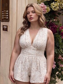 SHEIN MOD Plus Size Women's Ruched Waist Lace Print V-Neck Sleeveless Romper - Apricot - View 7