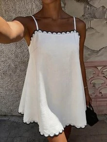 Cévolie 女款時尚優雅蕾絲熱帶休閒度假細肩帶洋裝，度假早午餐穿搭，黑白配色夏季款 - 白色 - 查看 6