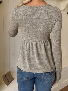 SHEIN EZwear 女款對比蕾絲甜心領長袖休閒浪漫蕾絲襯衫，白色，適合早午餐約會，秋季 - 卡其色 - 查看 9