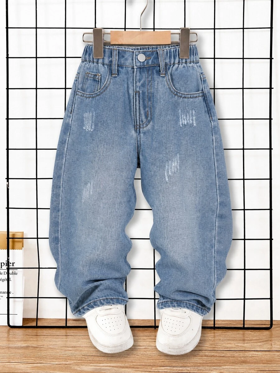 SHEIN Young Boys' Denim Long Pants, Vintage Nostalgic Washed Baby Blue, Non-Stretch Fabric, Classic Waistband Button Design, Distressed Faded, Curved Leg, Winter - Medium Wash - View 1