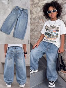 SHEIN Young Boys' Denim Long Pants, Vintage Nostalgic Washed Baby Blue, Non-Stretch Fabric, Classic Waistband Button Design, Distressed Faded, Curved Leg, Winter - Medium Wash - View 4