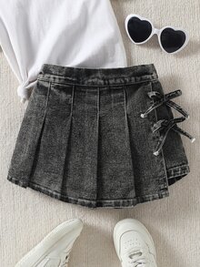 SHEIN YOUNG GIRLS Girls' Casual Cowboy Pleated Design Pants With Bowknot Waist Straps Comfortable Denim Washed Blue Skort Stylish Street Chic Design - Grey - View 2