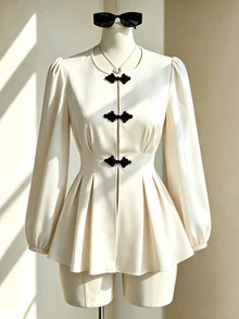 Fine & Folde Front Hollow Chinese Knot Tie Waist Long Sleeve Maxi Shirt Fall Cloth For Women - Apricot - View 1