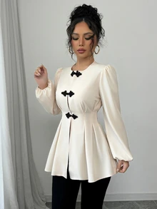 Fine & Folde Front Hollow Chinese Knot Tie Waist Long Sleeve Maxi Shirt Fall Cloth For Women - Apricot - View 5