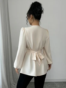 Fine & Folde Front Hollow Chinese Knot Tie Waist Long Sleeve Maxi Shirt Fall Cloth For Women - Apricot - View 2