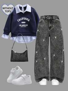 SHEIN 女童 Y2K 街頭風牛仔長褲，亮面水鑽裝飾，休閒版型，柔軟面料，寬鬆闊腿水洗深灰色秋季校園長褲 - 黑色 - 查看 4