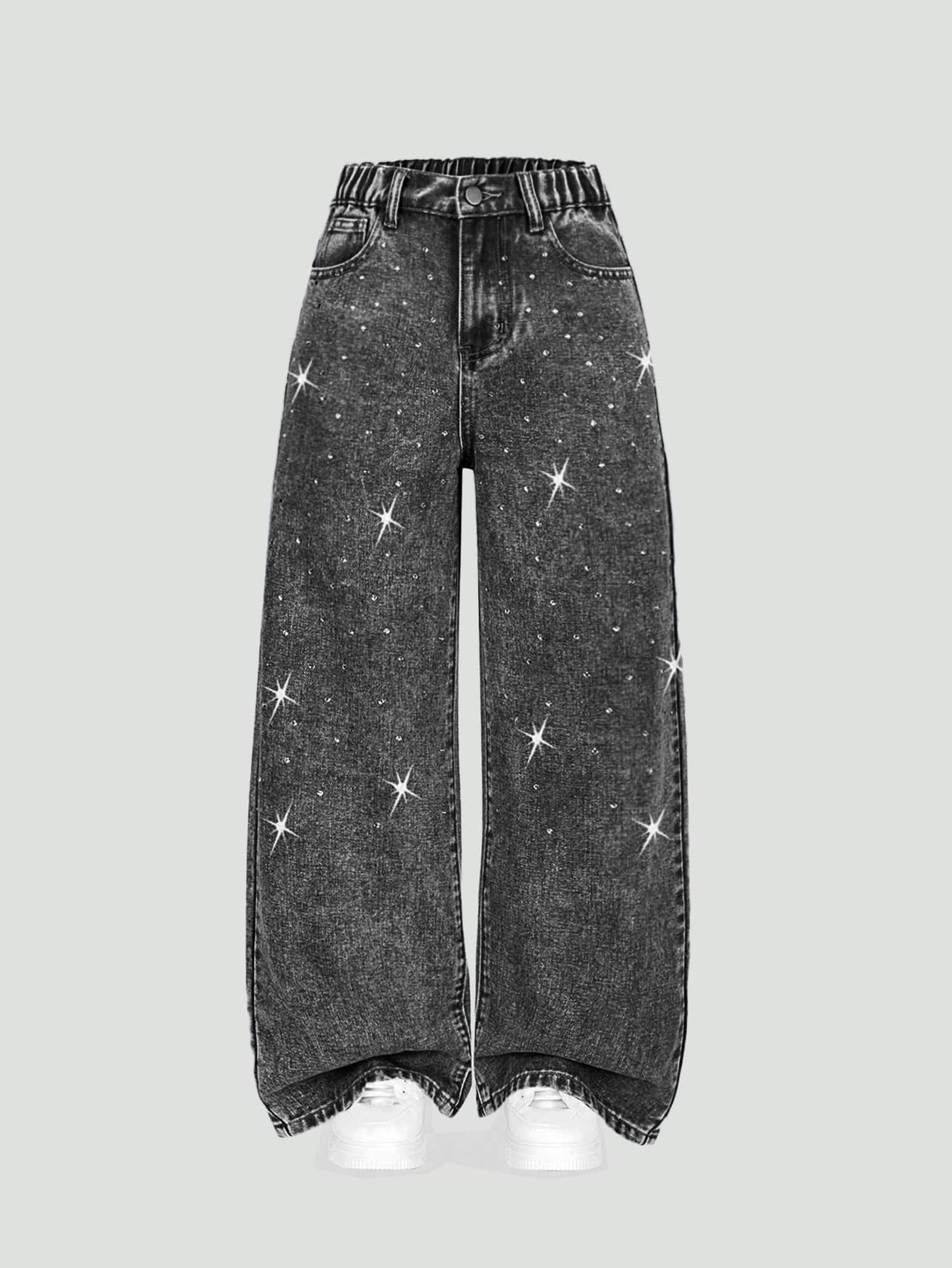 SHEIN 女童 Y2K 街頭風牛仔長褲，亮面水鑽裝飾，休閒版型，柔軟面料，寬鬆闊腿水洗深灰色秋季校園長褲