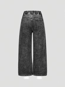 SHEIN 女童 Y2K 街頭風牛仔長褲，亮面水鑽裝飾，休閒版型，柔軟面料，寬鬆闊腿水洗深灰色秋季校園長褲 - 黑色 - 查看 3