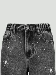 SHEIN 女童 Y2K 街頭風牛仔長褲，亮面水鑽裝飾，休閒版型，柔軟面料，寬鬆闊腿水洗深灰色秋季校園長褲 - 黑色 - 查看 5