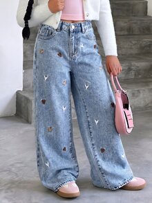 SHEIN Explorewe Young Girls Versatile Fashion Casual Cowgirl Western Blue Straight Leg Denim Jeans Summer - Medium Wash - View 4