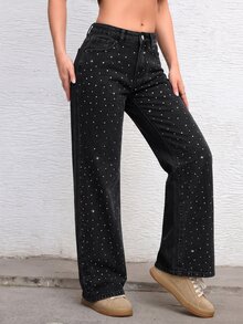 Jeanoix Women's Fashion Button Pocket Rhinestone Denim Jeans - Black - View 5