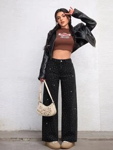 Jeanoix Women's Fashion Button Pocket Rhinestone Denim Jeans - Black - View 2