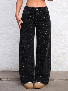 Jeanoix Women's Fashion Button Pocket Rhinestone Denim Jeans - Black - View 1