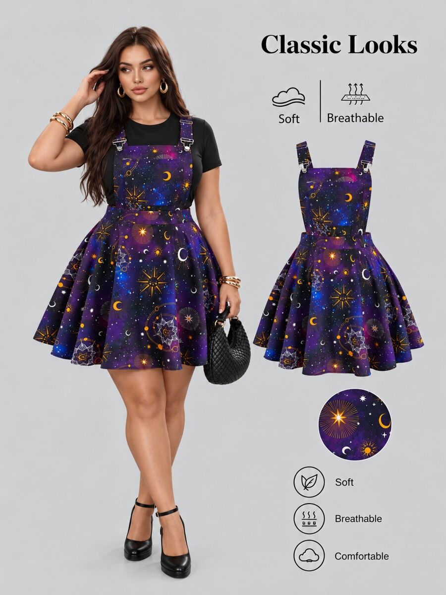 Sweetra Plus Size Women's Sun, Moon & Star Pattern Goth Style Versatile Commuting & Party Jumper Dress - Multicolor - View 1