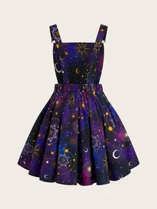 Sweetra Plus Size Women's Sun, Moon & Star Pattern Goth Style Versatile Commuting & Party Jumper Dress - Multicolor - View 3