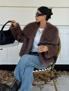 DAZY Women's Solid Color Casual Versatile Winter Faux Fur Coat - Brown - View 7