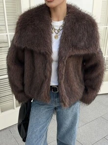 DAZY Women's Solid Color Casual Versatile Winter Faux Fur Coat - Brown - View 5