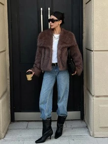 DAZY Women's Solid Color Casual Versatile Winter Faux Fur Coat - Brown - View 3