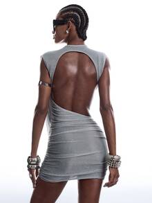 LYSMO Women's Stand Collar Pleated Fitted Fashion Metallic Thread Sleeveless Mini Dress Night Out Club Grey Sexy - Silver - View 2