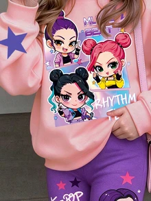 Young Girl Casual Minimalist Kids Loose Crew Neck Long Sleeve Sweatshirt And Flare Pants 2 Pieces Set, Fleece Lined For Autumn/Winter - Multicolor - View 3