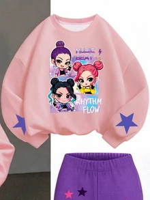 Young Girl Casual Minimalist Kids Loose Crew Neck Long Sleeve Sweatshirt And Flare Pants 2 Pieces Set, Fleece Lined For Autumn/Winter - Multicolor - View 6