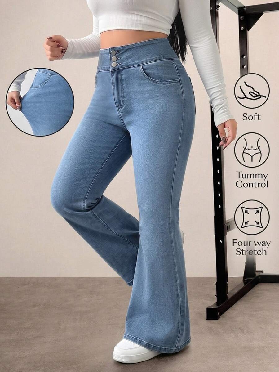 GlowEve CURVE Plus Size Women's Tummy Control Multi-Button High Waist Stretch Flared Casual Streetwear Denim Jeans Fall Winter High Elasticity Row Of Buttons