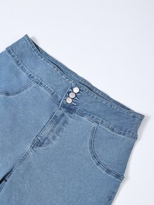 GlowEve CURVE Plus Size Women's Tummy Control Multi-Button High Waist Stretch Flared Casual Streetwear Denim Jeans Fall Winter High Elasticity Row Of Buttons - Light Wash - View 6