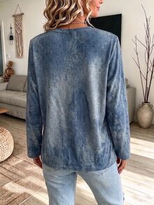 SHEIN LUNE تي شيرت نسائي بطبعة تأثير الدنيم بياقة دائرية وأكمام طويلة للخريف - متعدد الألوان - مشاهدة 2