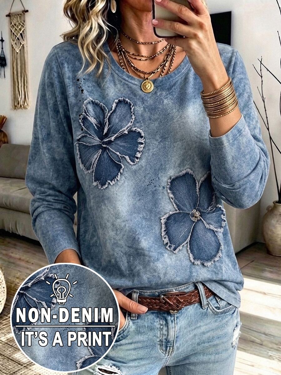 SHEIN LUNE تي شيرت نسائي بطبعة تأثير الدنيم بياقة دائرية وأكمام طويلة للخريف - متعدد الألوان - مشاهدة 1