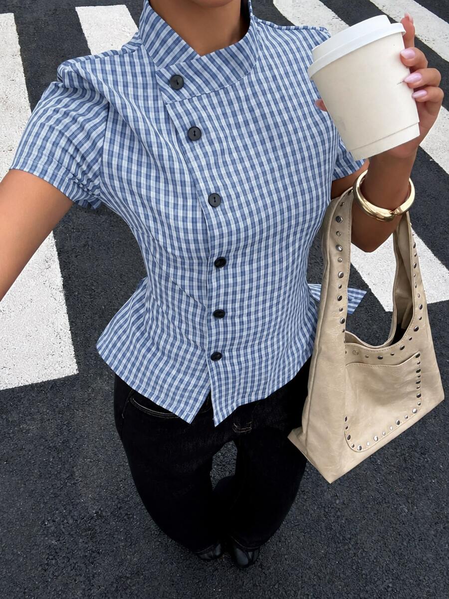 Muchica Women's Casual Comfortable Blue & White Shirt - Blue - View 1